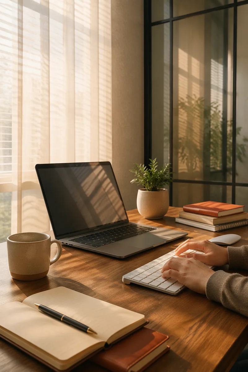 Modern Office Workspace with Laptop and Morning Light