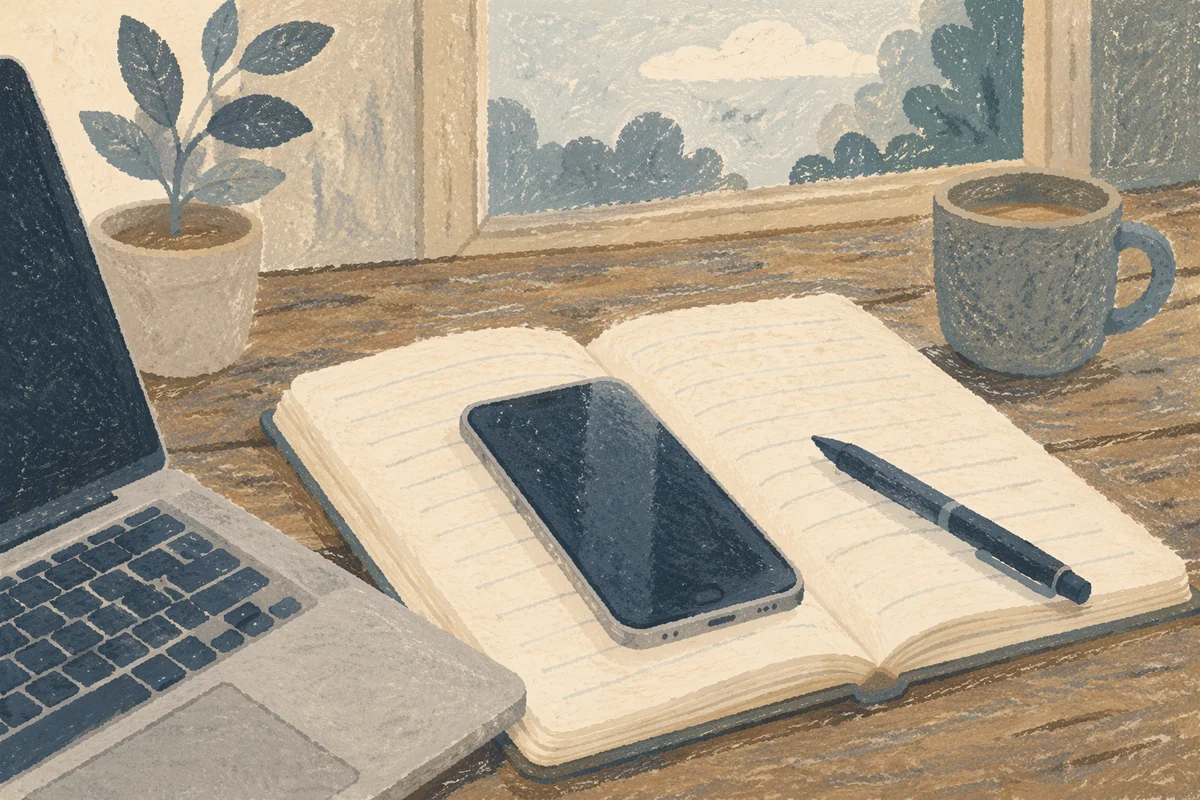 Modern Desk Workspace with Laptop and Notebook