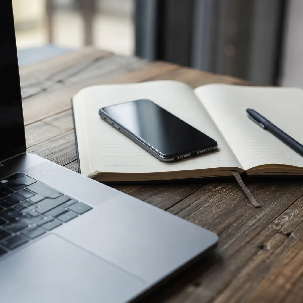 Modern Office Desk with Laptop and Notebook