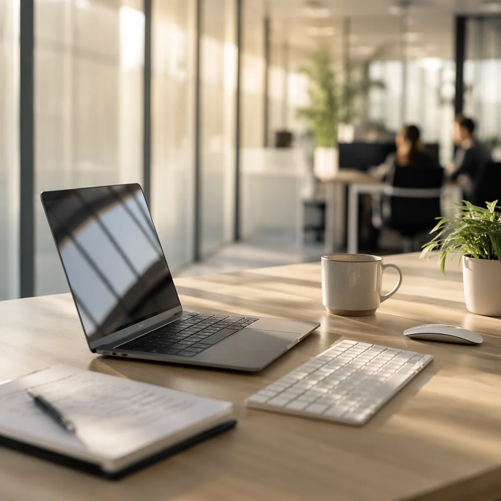 Modern Office Desk with Laptop and Coffee