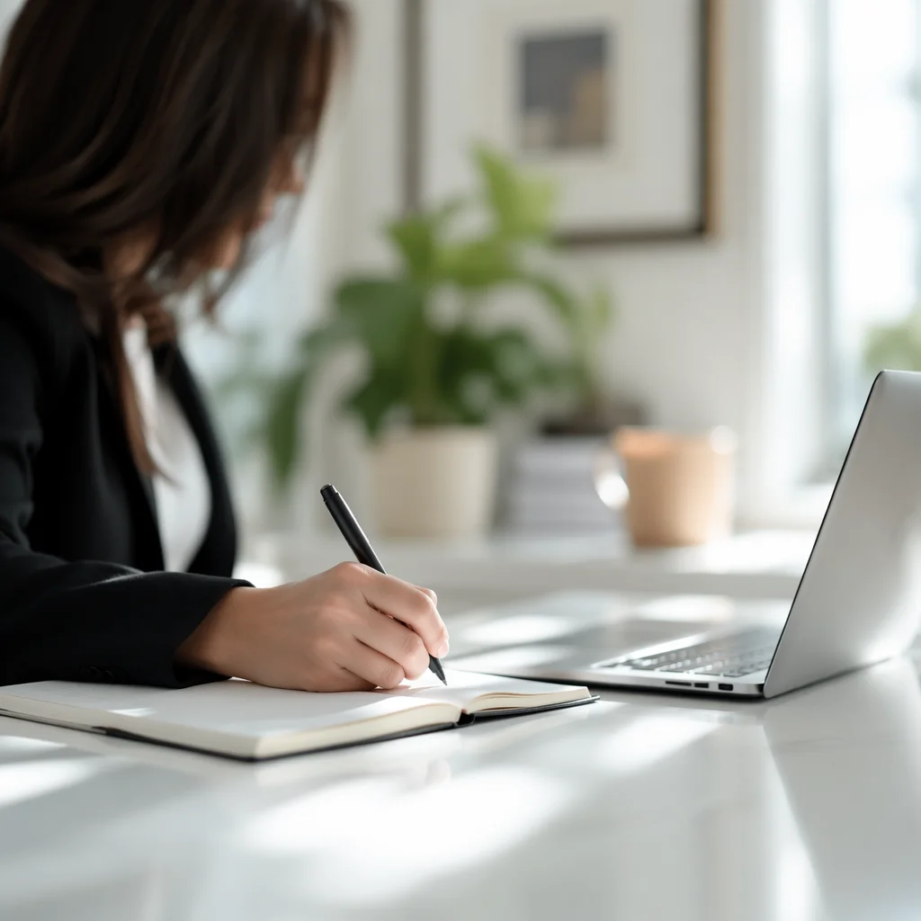 Modern Office Desk with Laptop and Notes