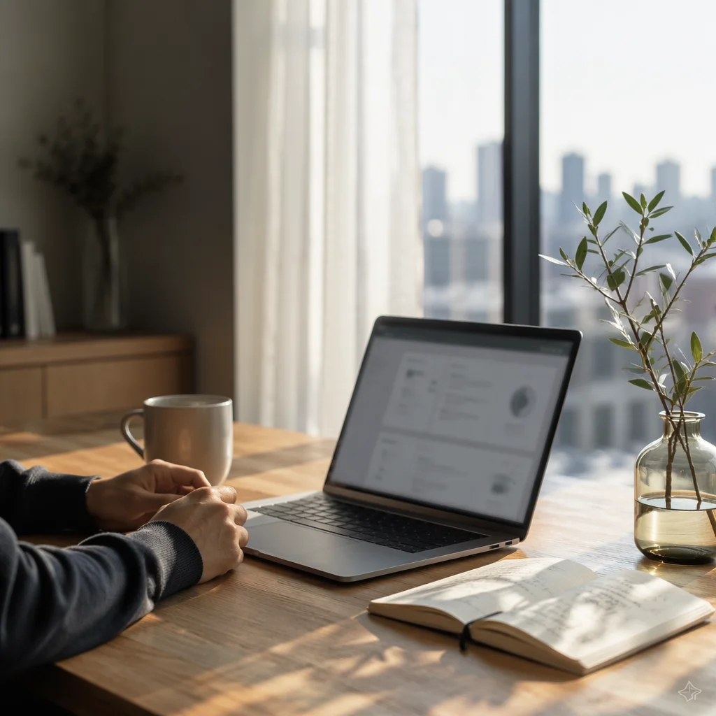 Peaceful Modern Office Desk at Dawn