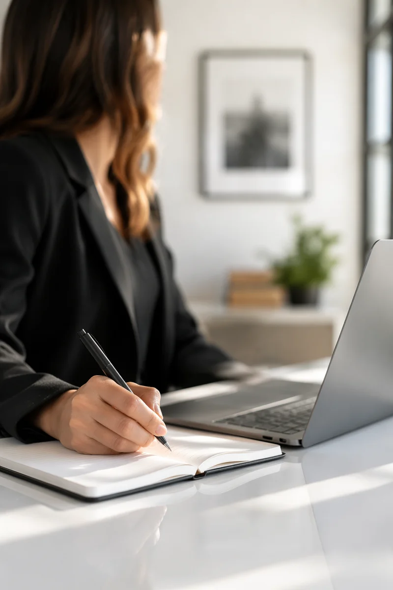Modern Office Desk With Laptop and Notebook