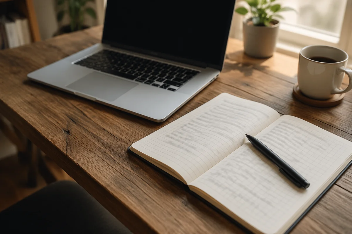 Modern Office Desk with Laptop and Notebook