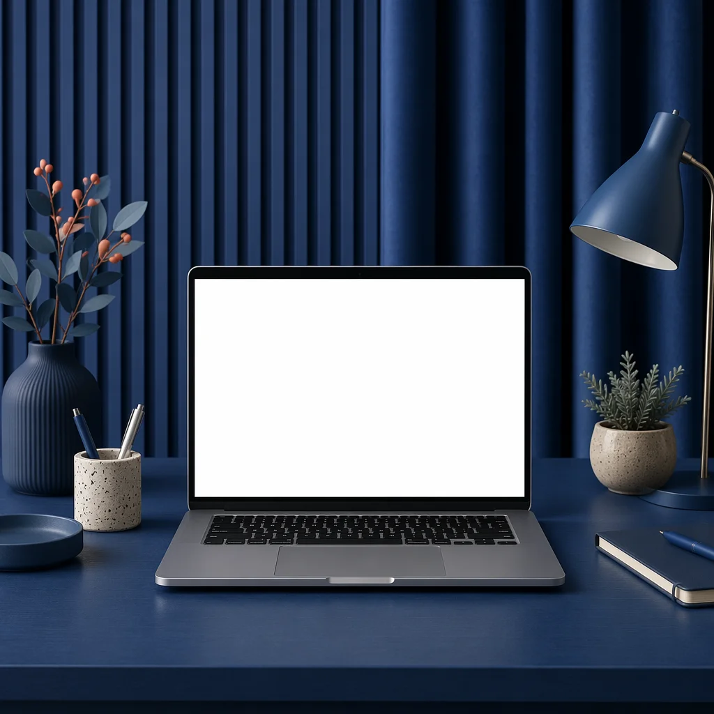Blue Office Laptop Screen Mockup Workspace