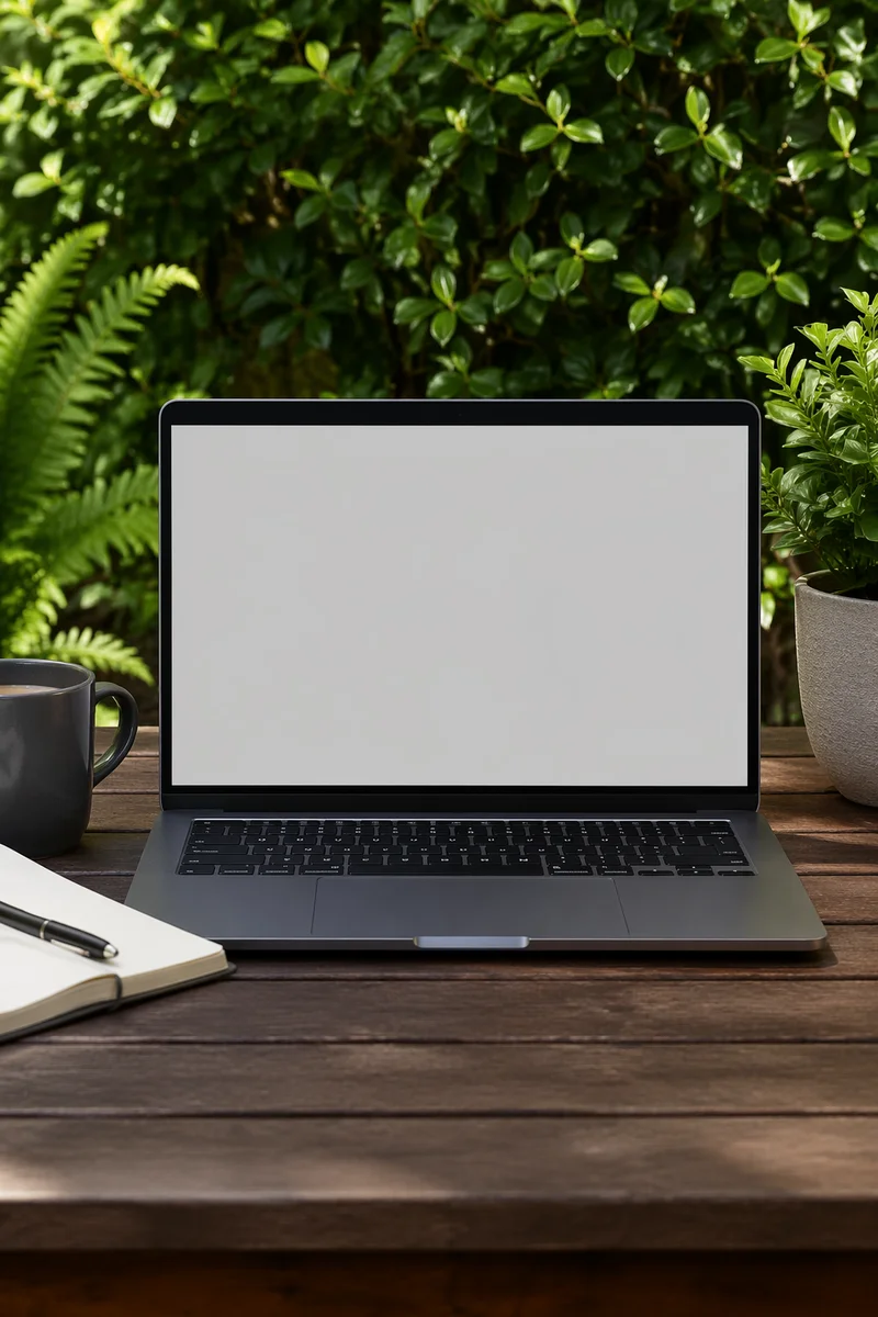 Blank Laptop Mockup on Garden Workspace
