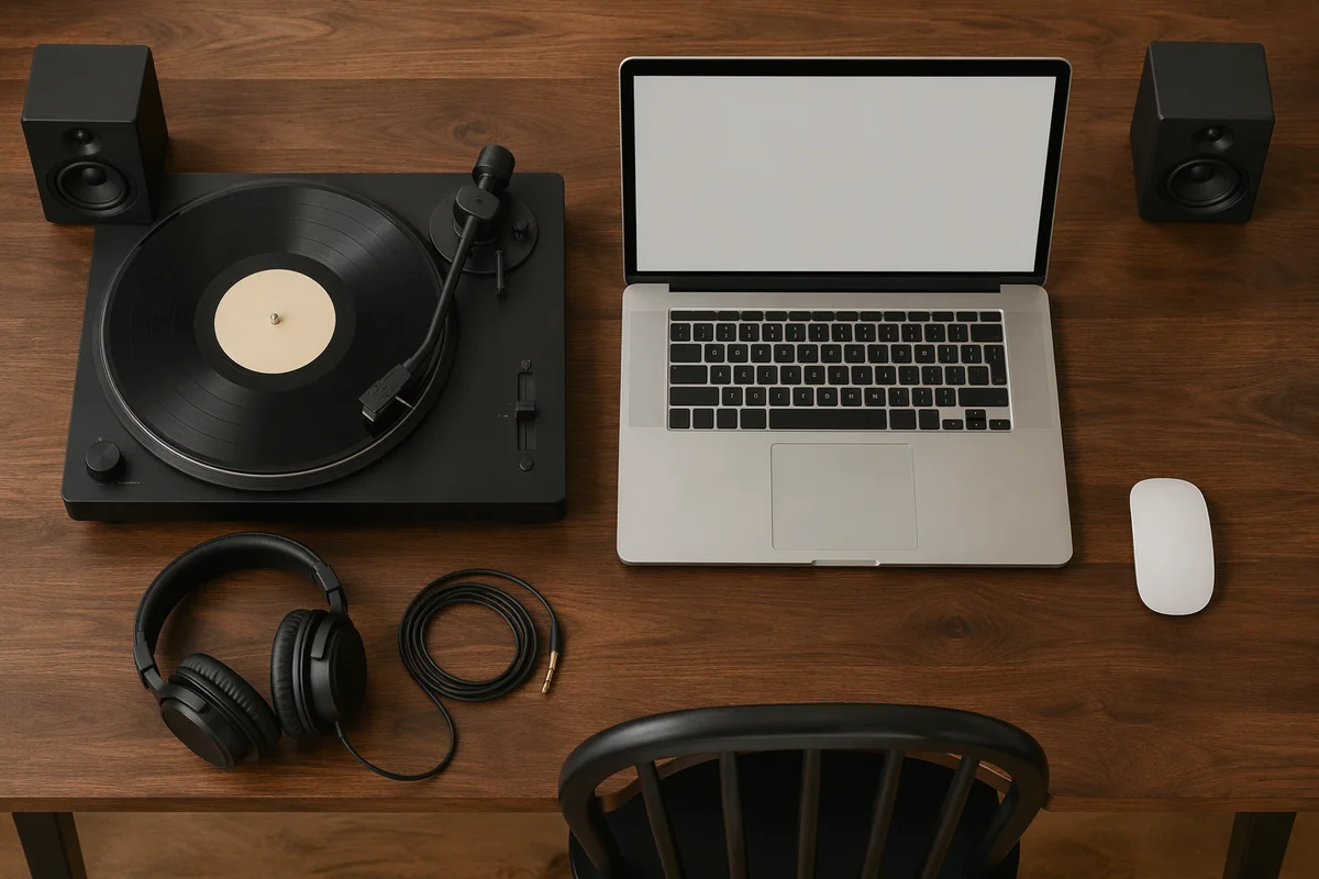 Overhead Laptop Mockup on Walnut Workspace
