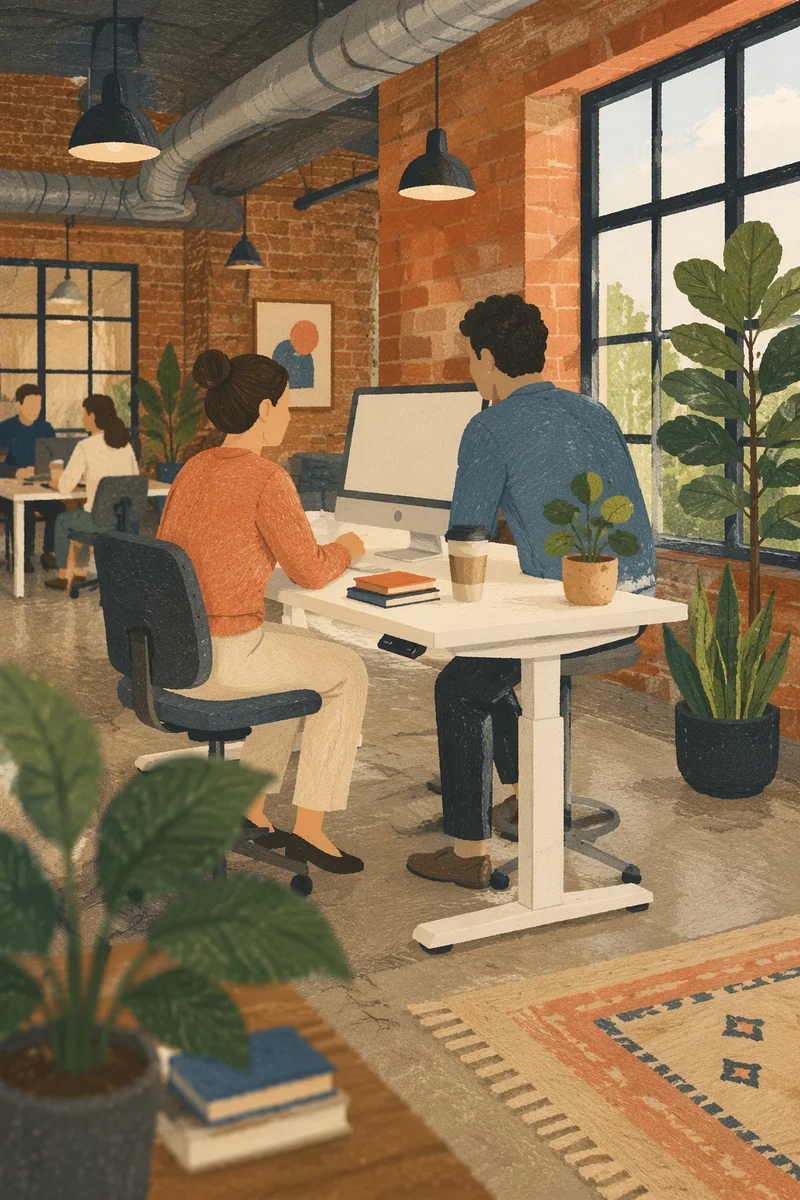 Modern Open Office Desk with Green Plants
