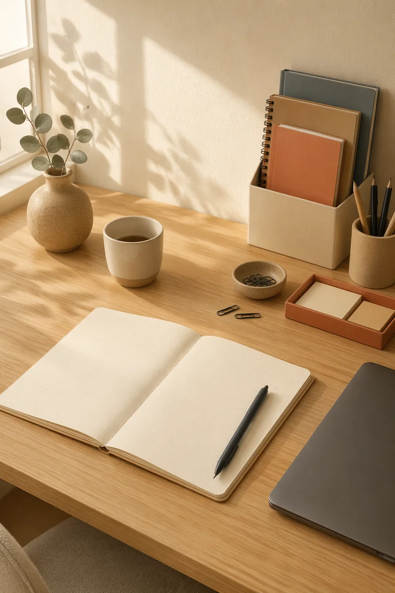 Minimal Organized Desk with Notebook and Pen