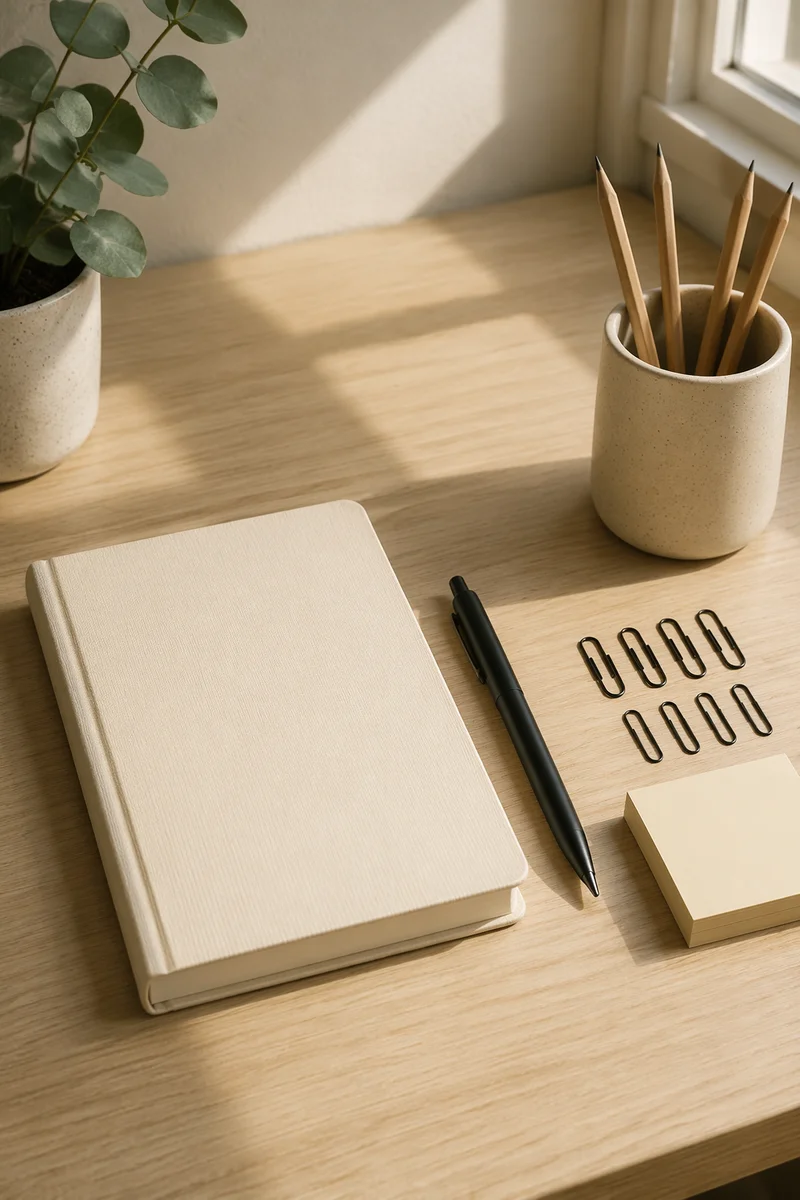 Minimal Organized Desk with Notebook and Pen
