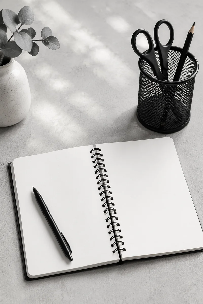 Minimal Organized Desk with Notebook and Pen