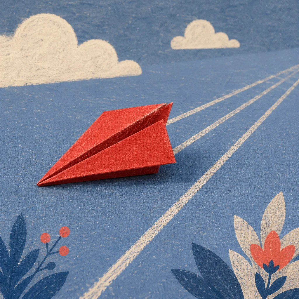 Red Paper Airplane on Blue Desk