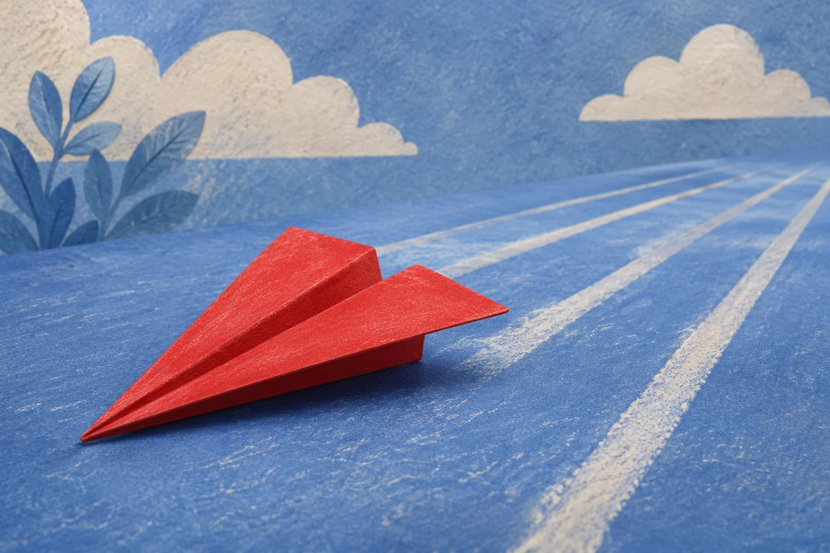 Red Paper Airplane on Blue Desk