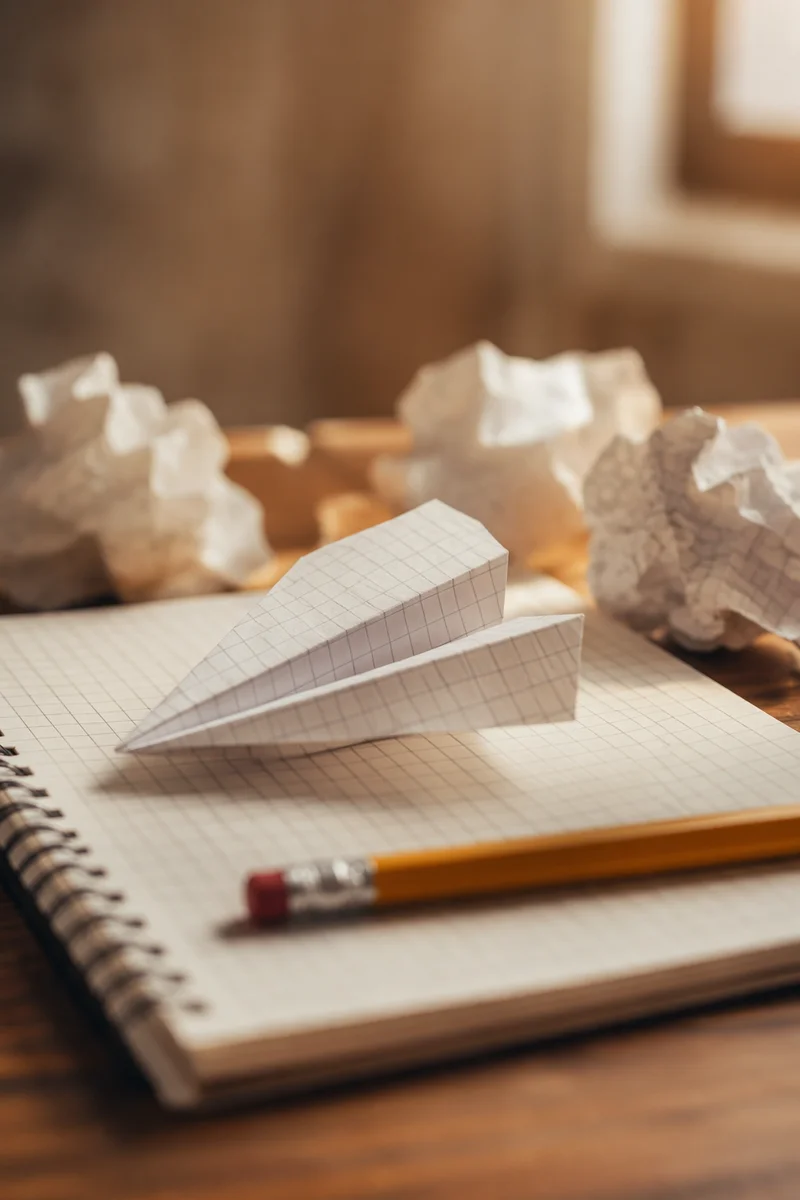 Paper Airplane Brainstorming on Wooden Desk