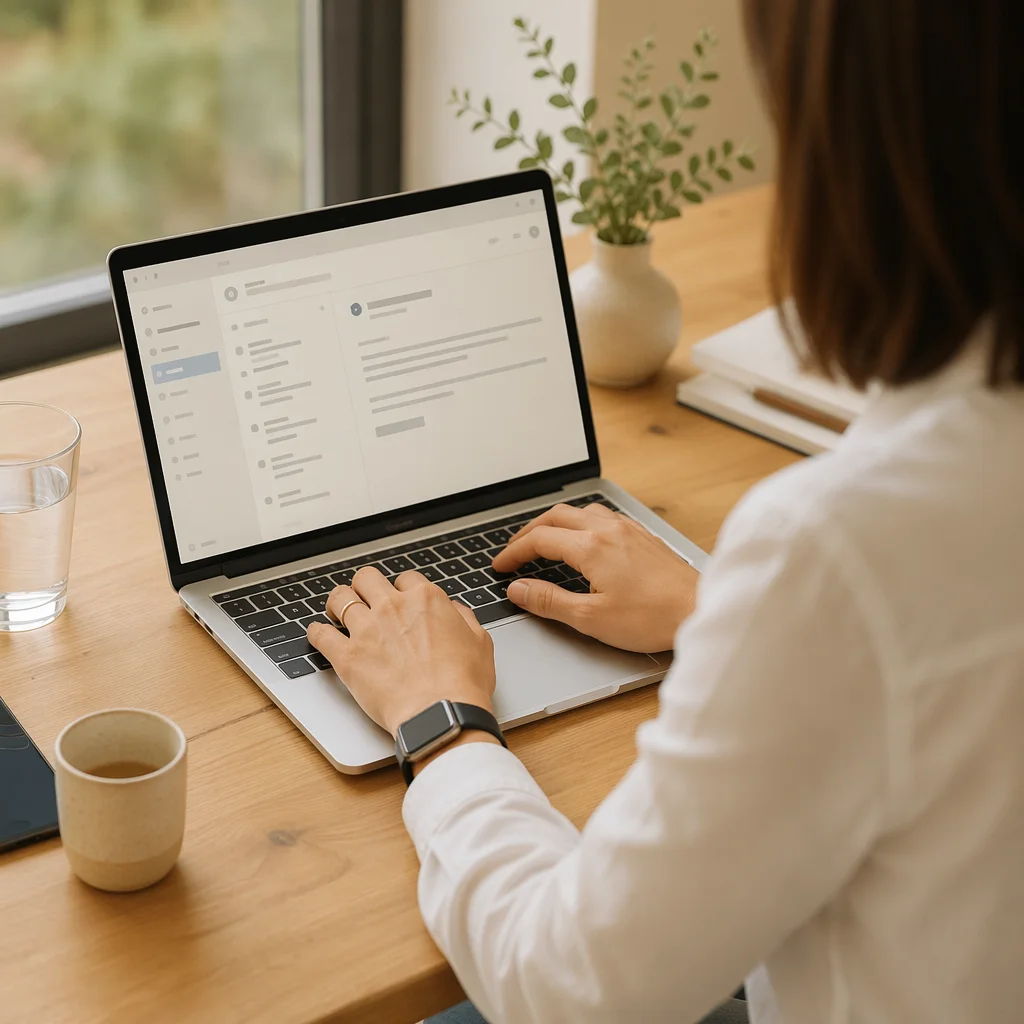 Professional Writing Email on Laptop Desk