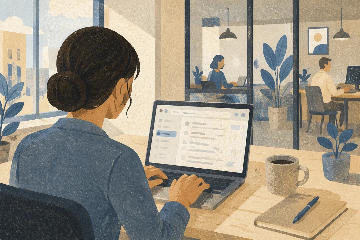 Professional Writing Email on Laptop at Office