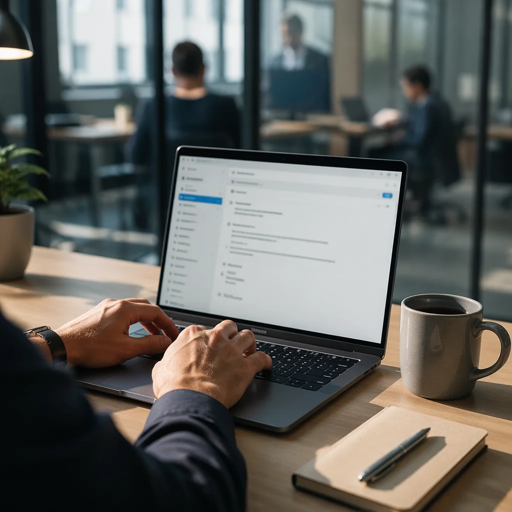 Professional Writing Email on Laptop at Office