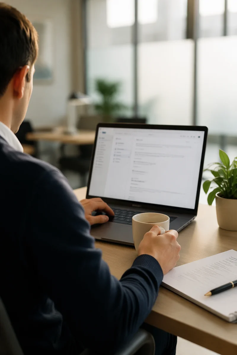 Professional Writing Email on Laptop at Office