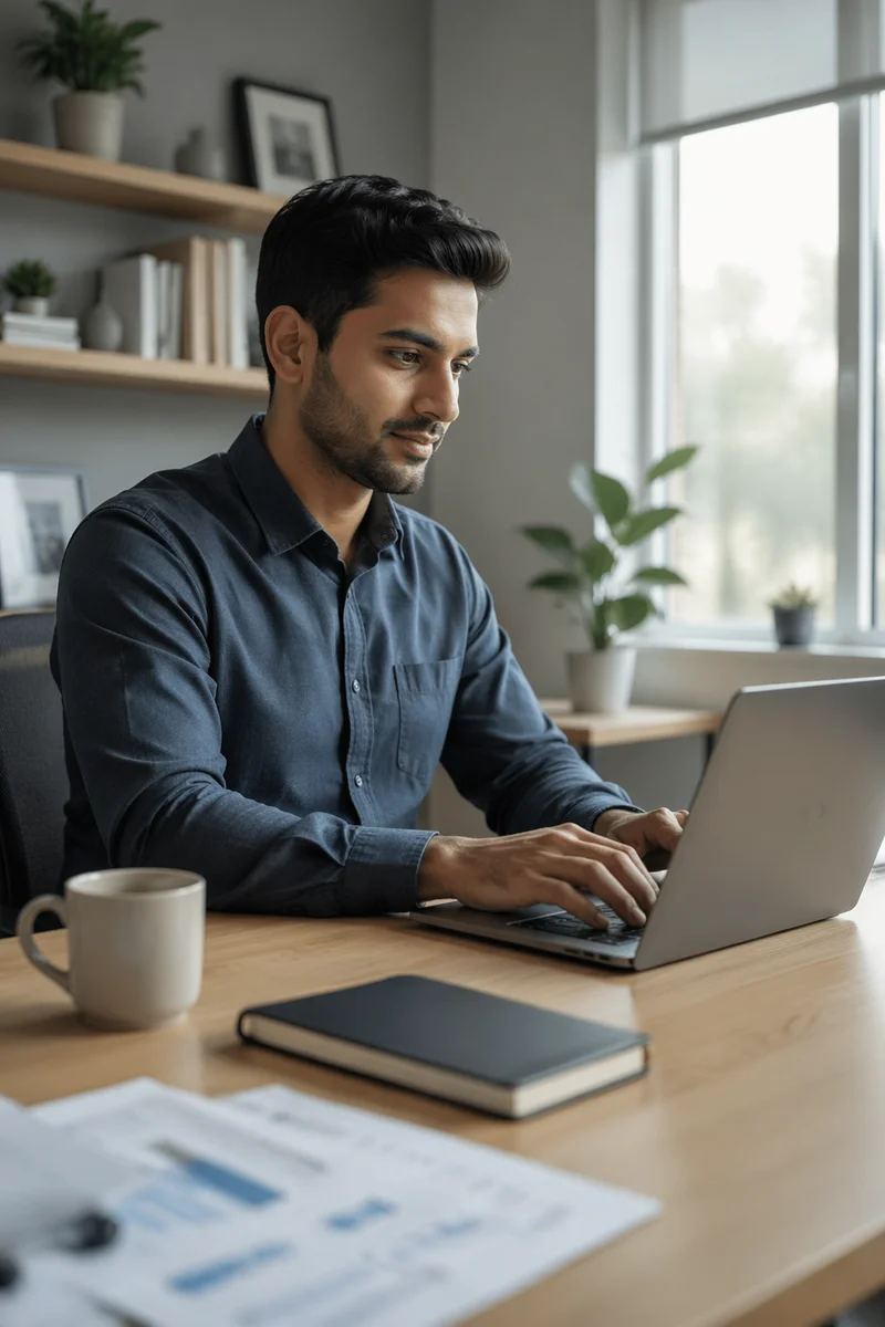 Young Professional Writing Email on Laptop
