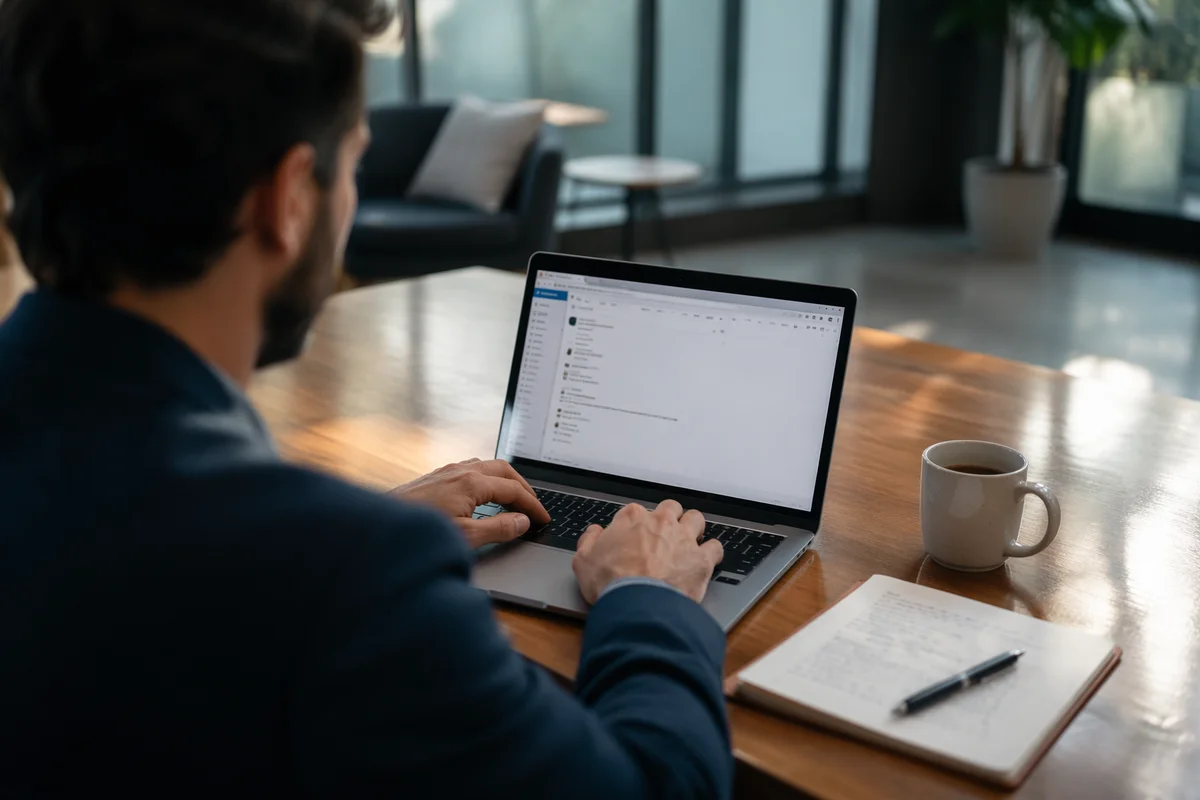 Professional Writing Email on Laptop at Desk