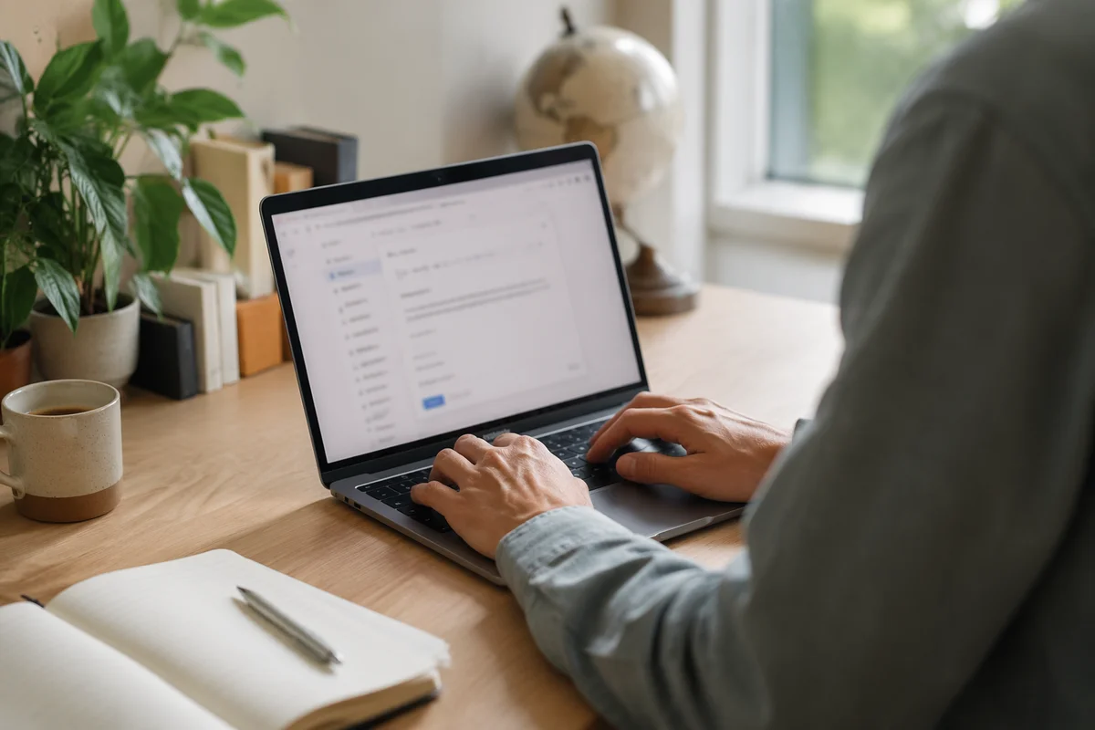 Professional Writing Email on Laptop Workspace
