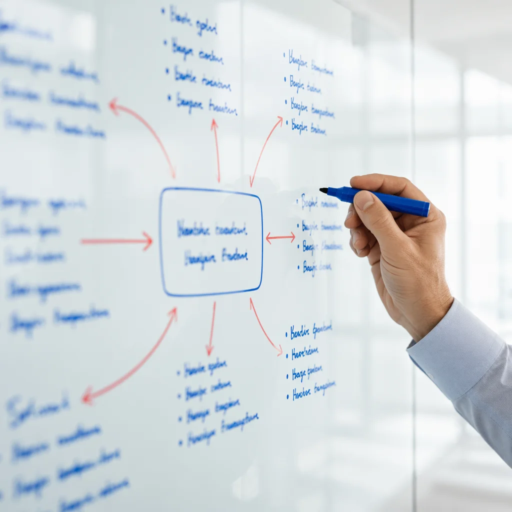 Hand Writing Strategy Plan on Glass Board