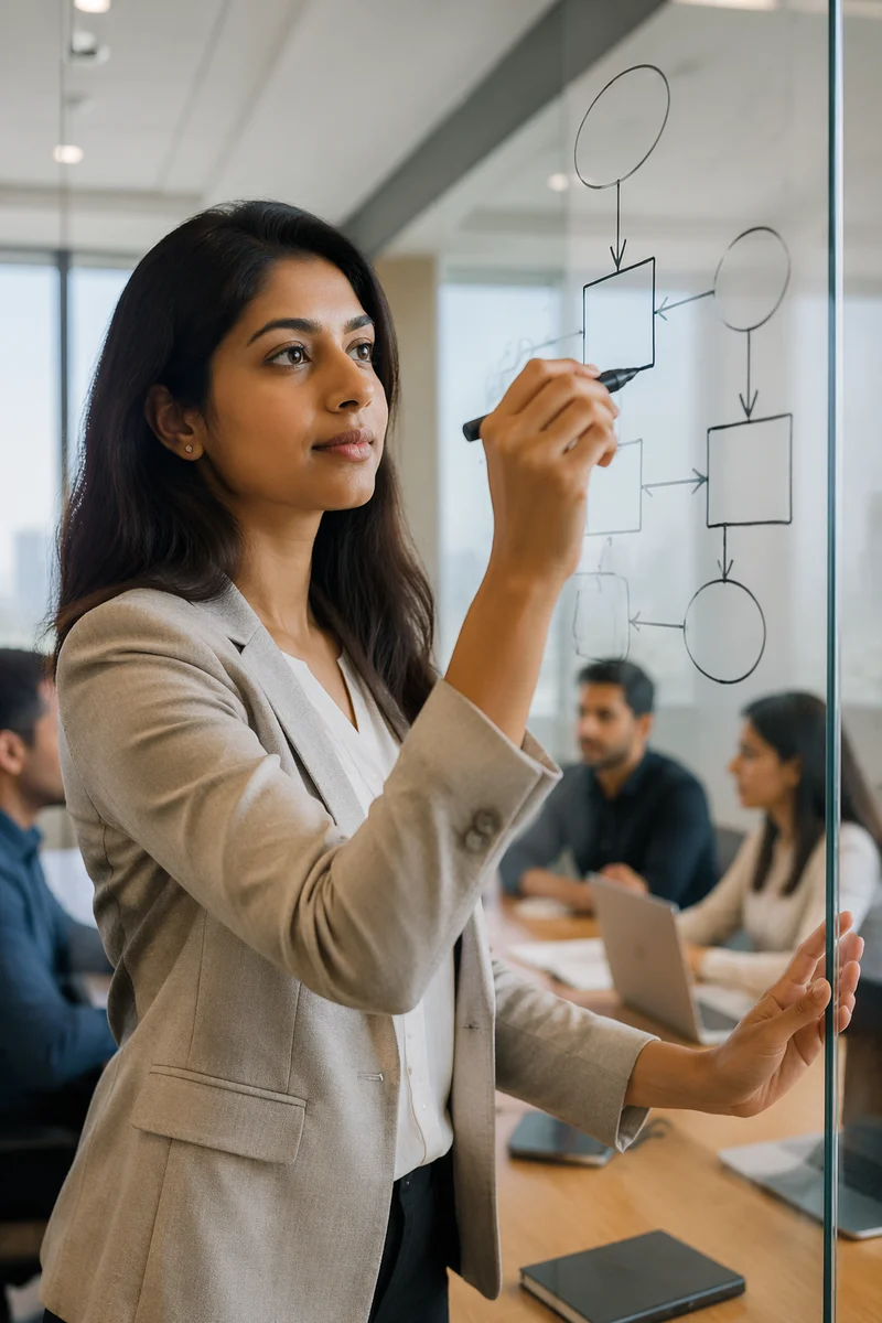 Woman Writing Strategy Flowchart on Glass