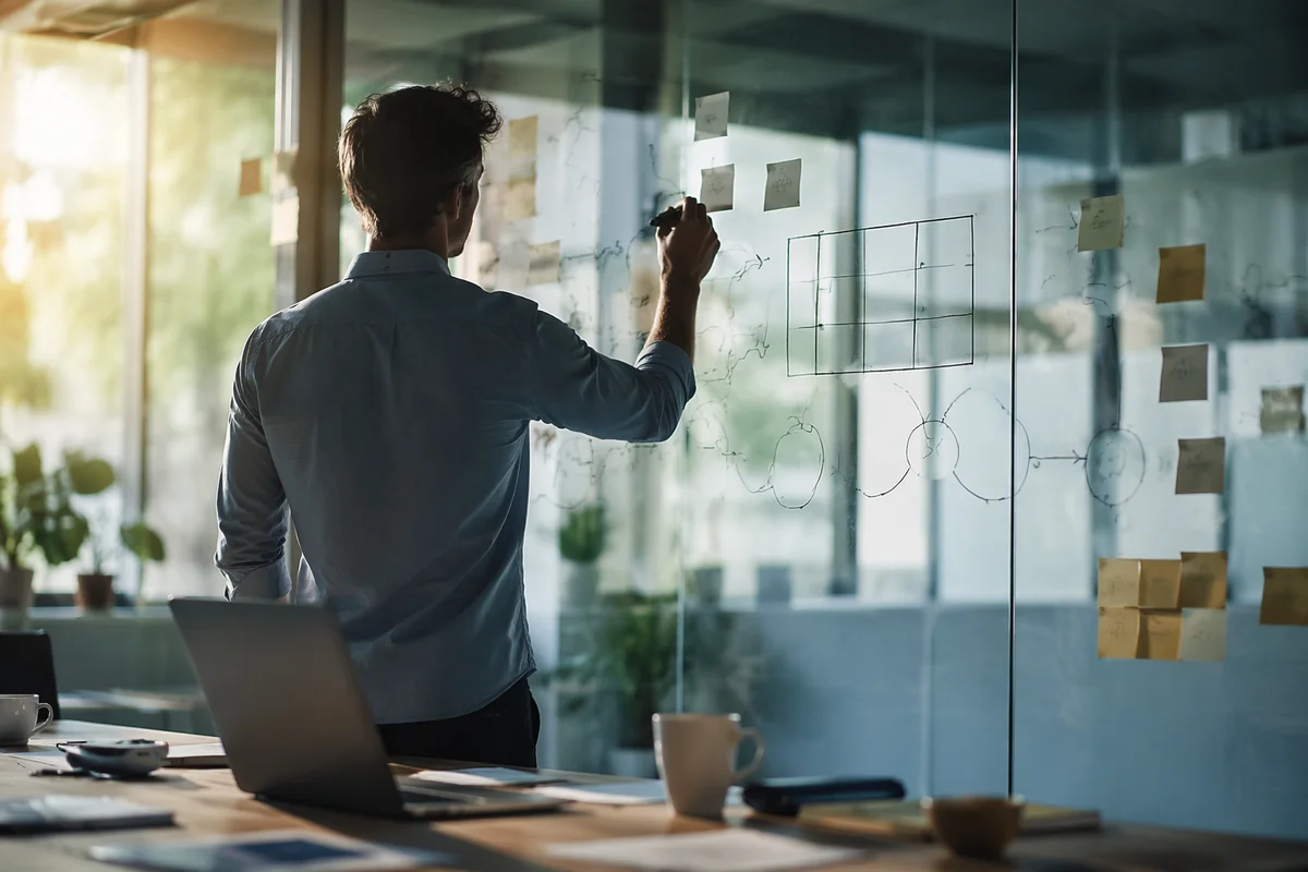 Glass Board Strategy Planning in Meeting Room