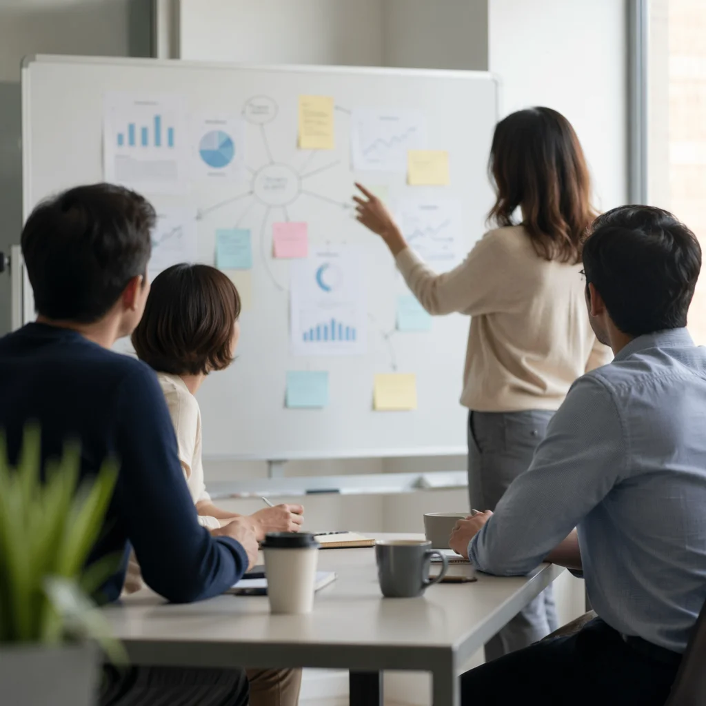 Business Team Brainstorming at Presentation Whiteboard