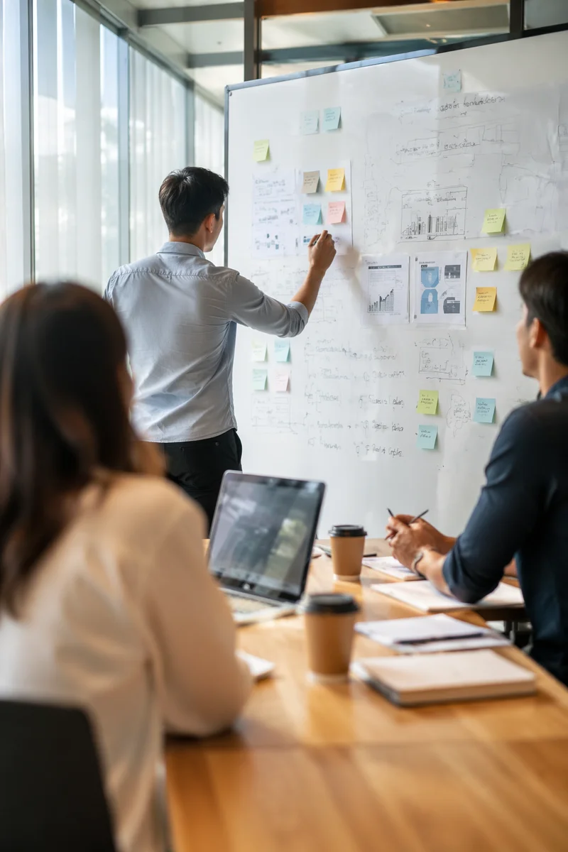 Team Brainstorm at Whiteboard in Meeting Room
