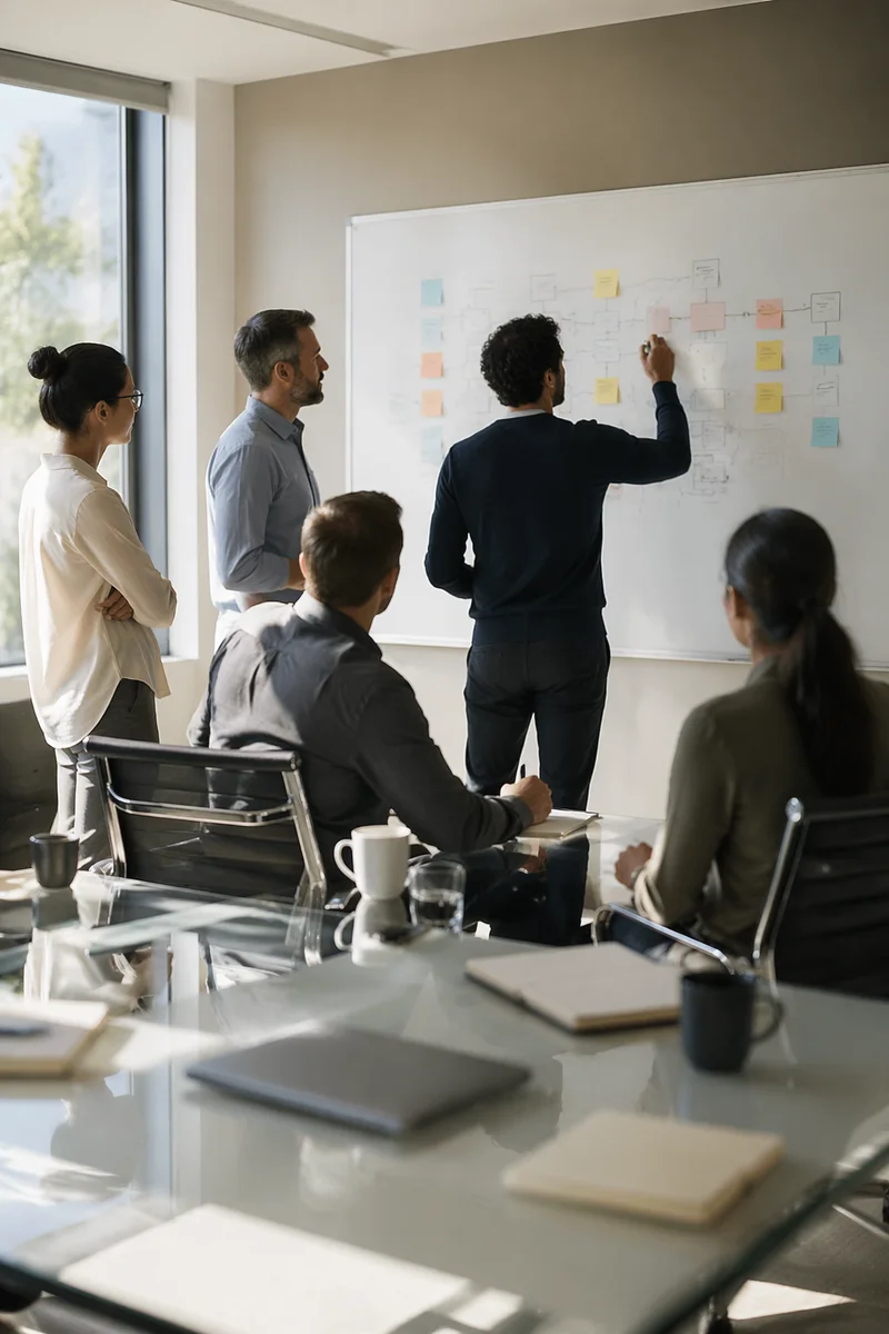 Team Brainstorming Around Modern Whiteboard