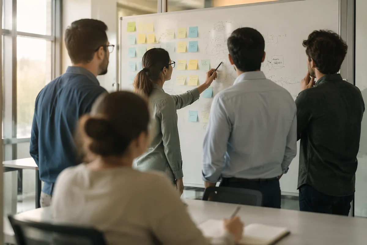 Modern Team Brainstorm Around Whiteboard