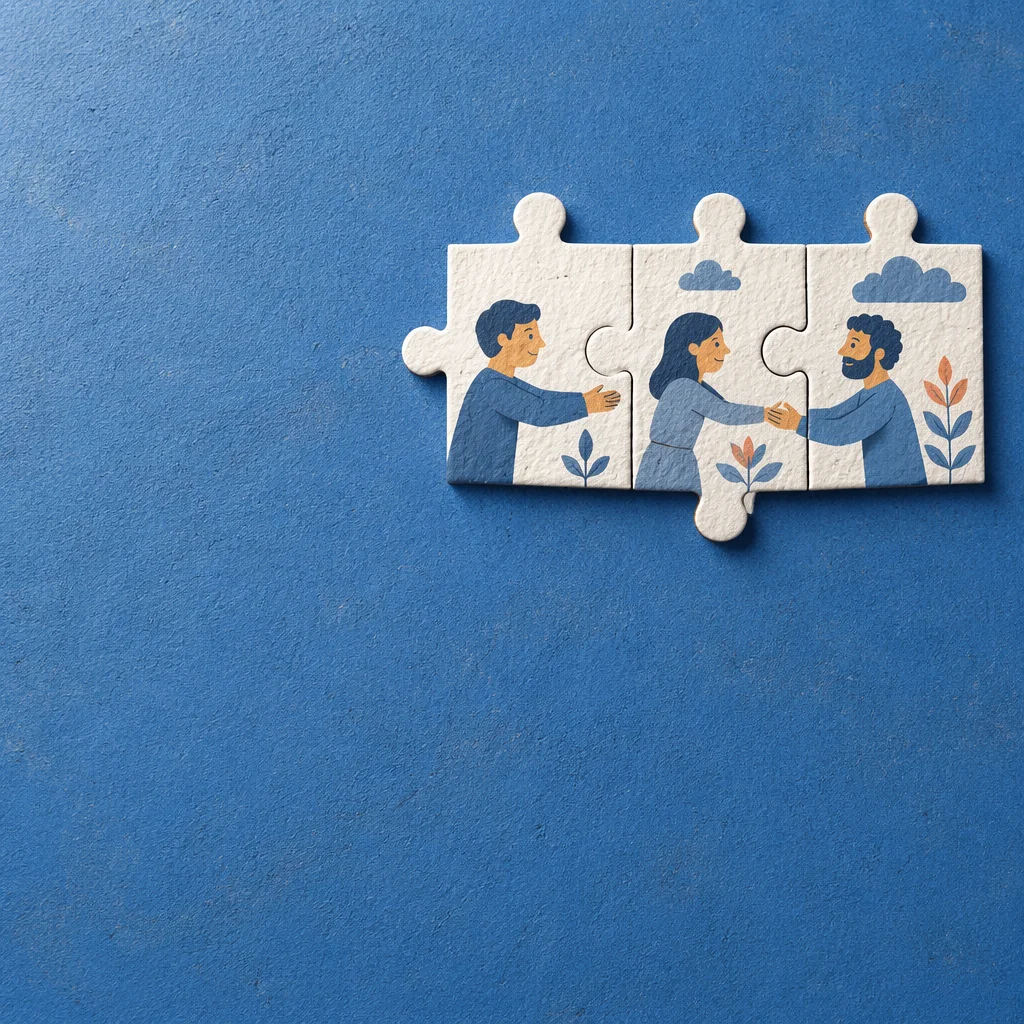 White Puzzle Pieces on Blue Teamwork Background