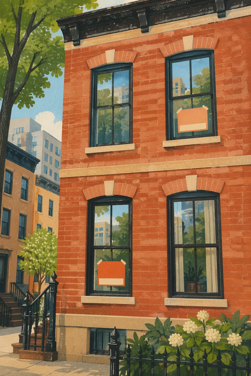 Red Brick Townhouse with Sale Placards