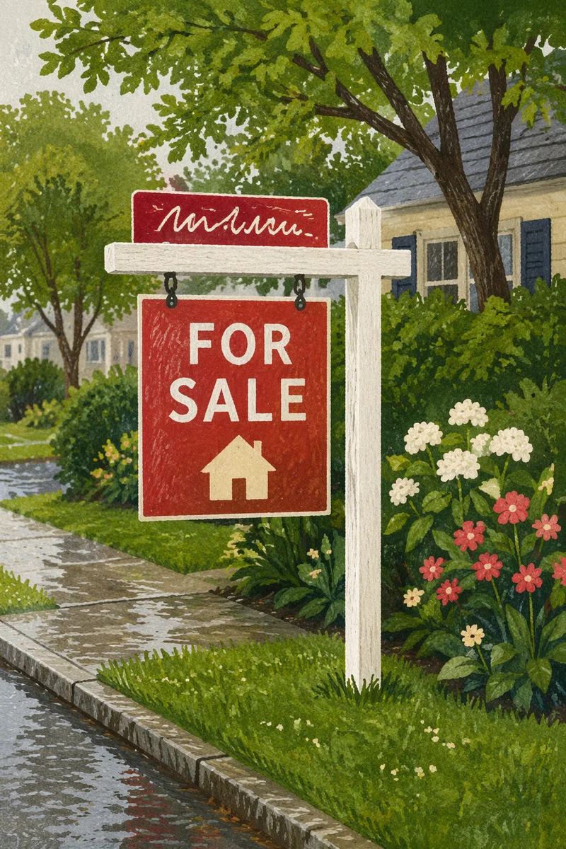 Red For Sale Sign by Rainy Curb