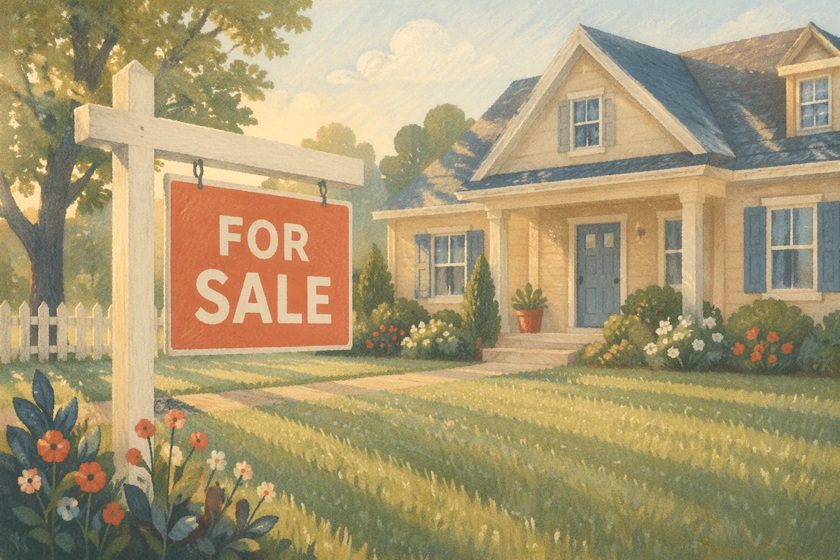 House For Sale Sign on Front Lawn