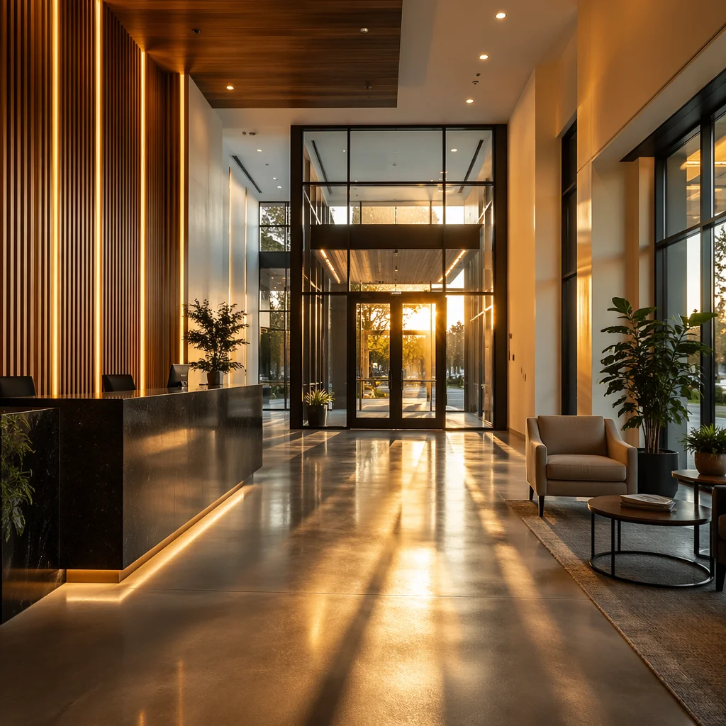 Modern Office Lobby with Warm Reception Desk