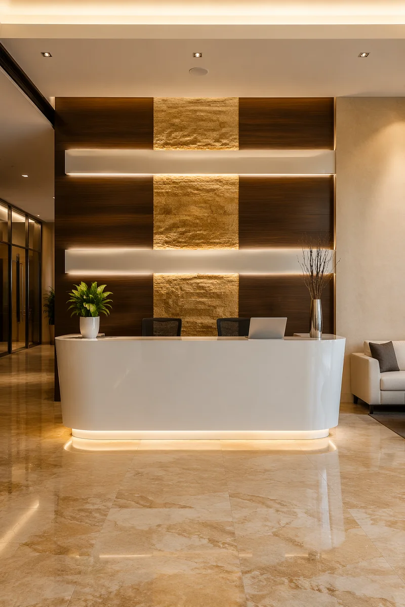 Modern Office Lobby with White Reception Desk