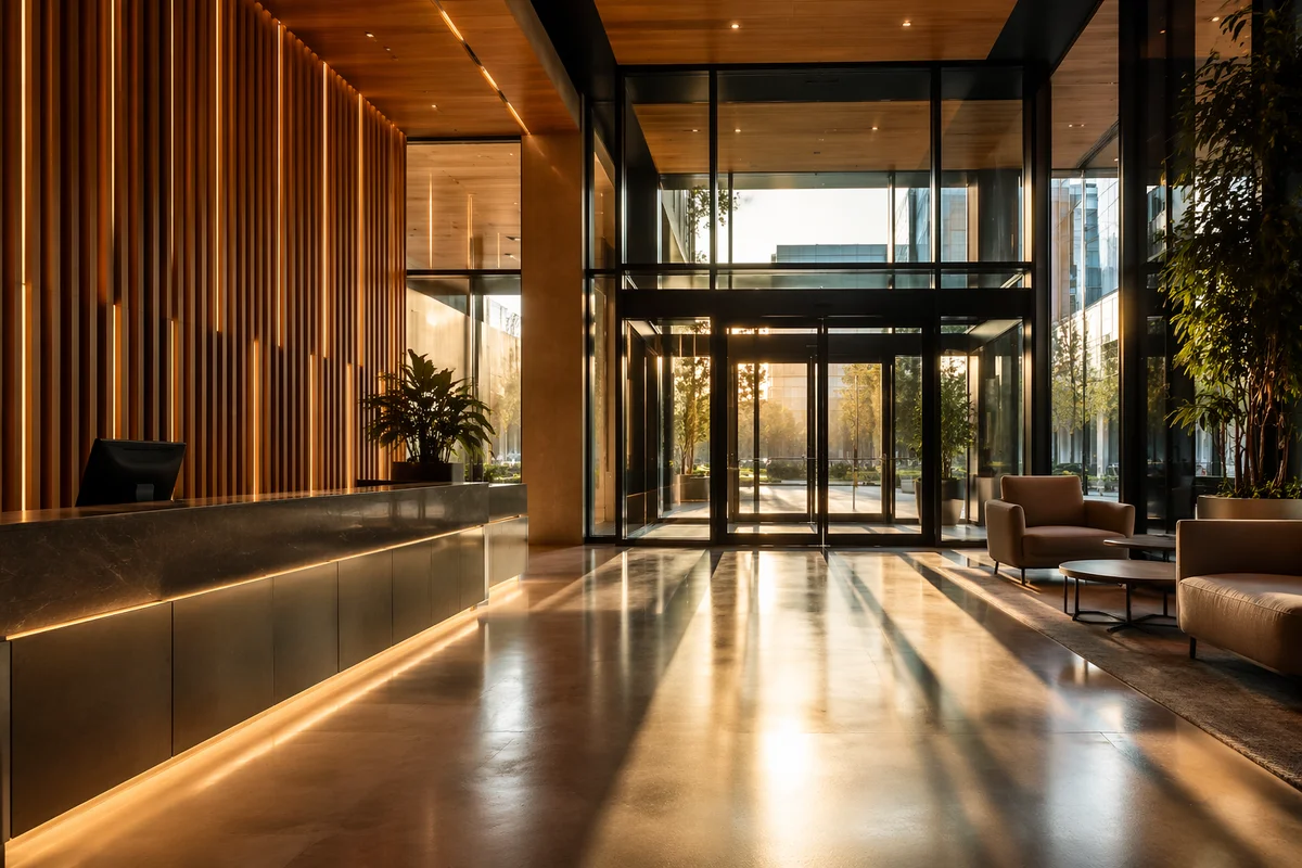 Modern Office Lobby With Warm Reception Desk