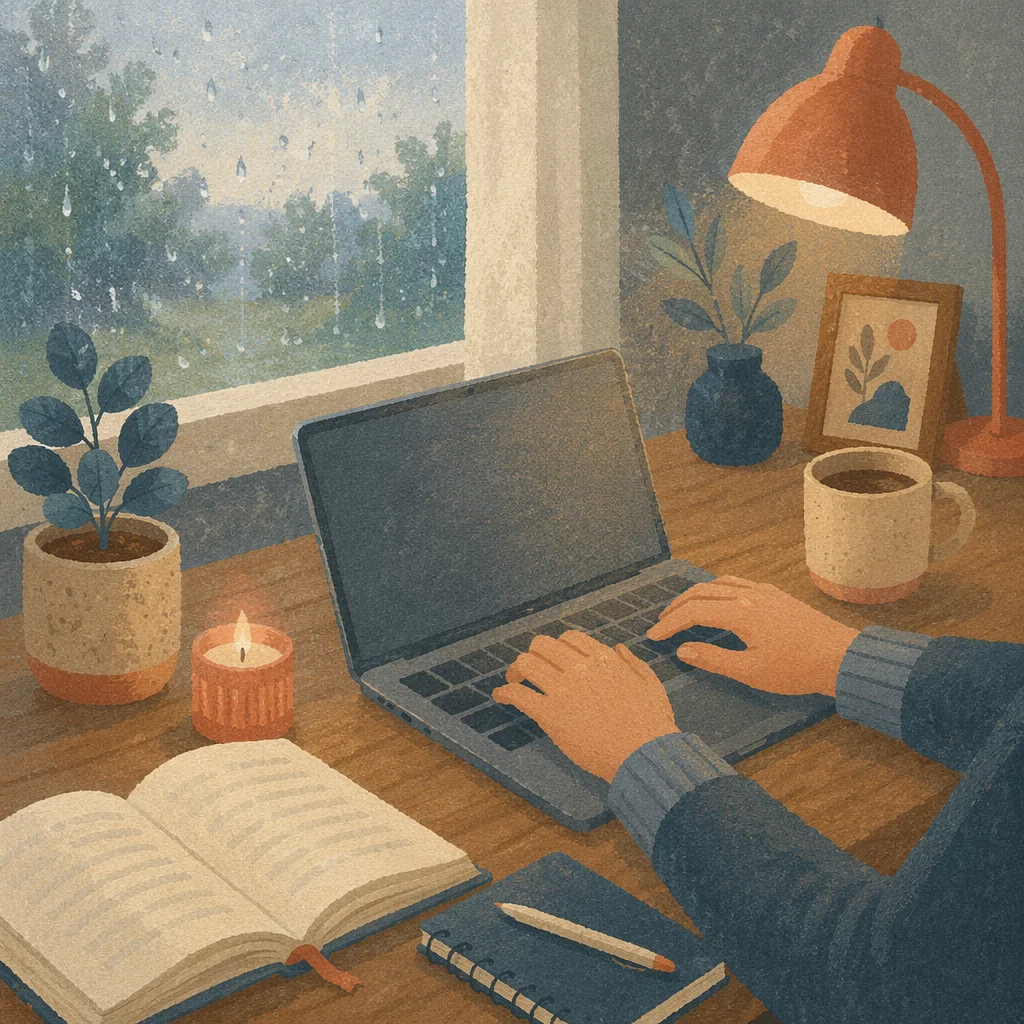 Peaceful Remote Work Desk in Morning Rain