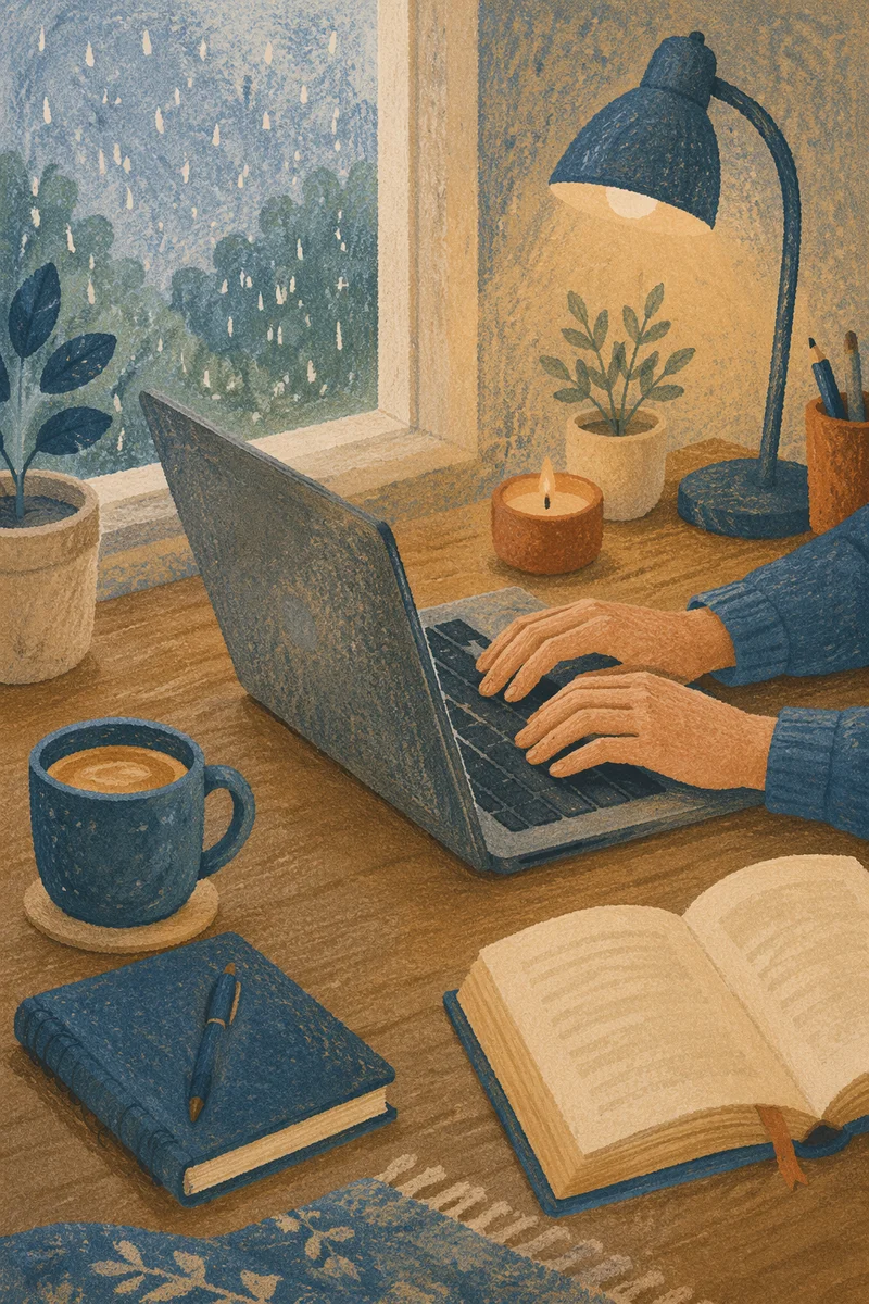 Peaceful Remote Work Desk by Rainy Window