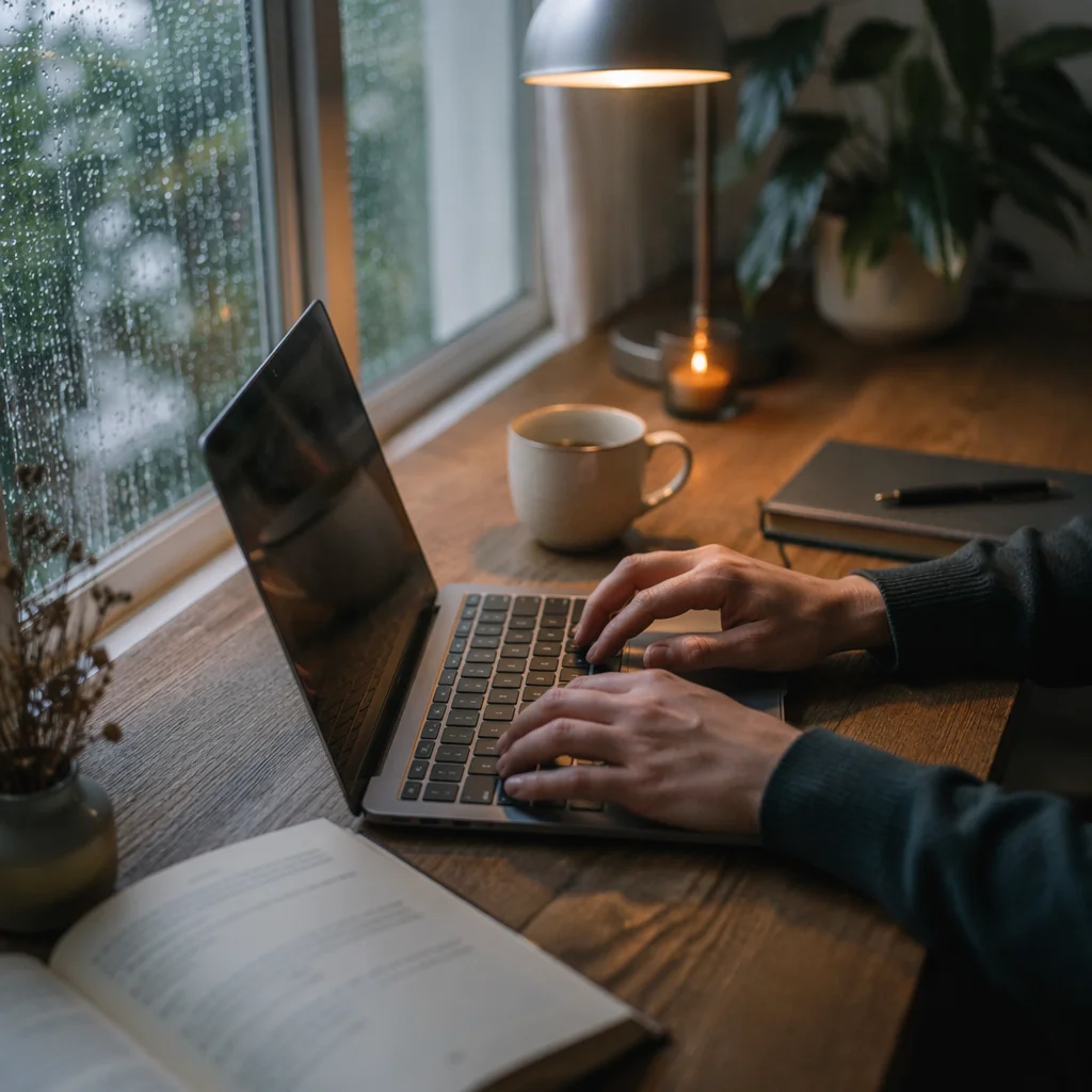 Peaceful Remote Work Desk in Morning Rain