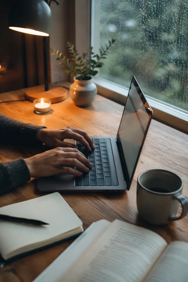 Peaceful Remote Work Desk in Morning Rain