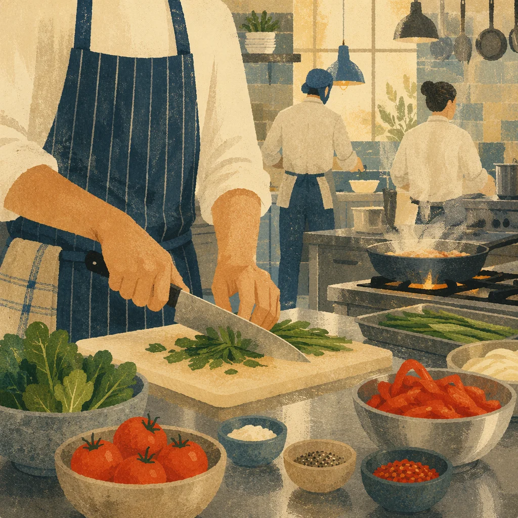 Chef Preparing Vegetables in Busy Restaurant Kitchen
