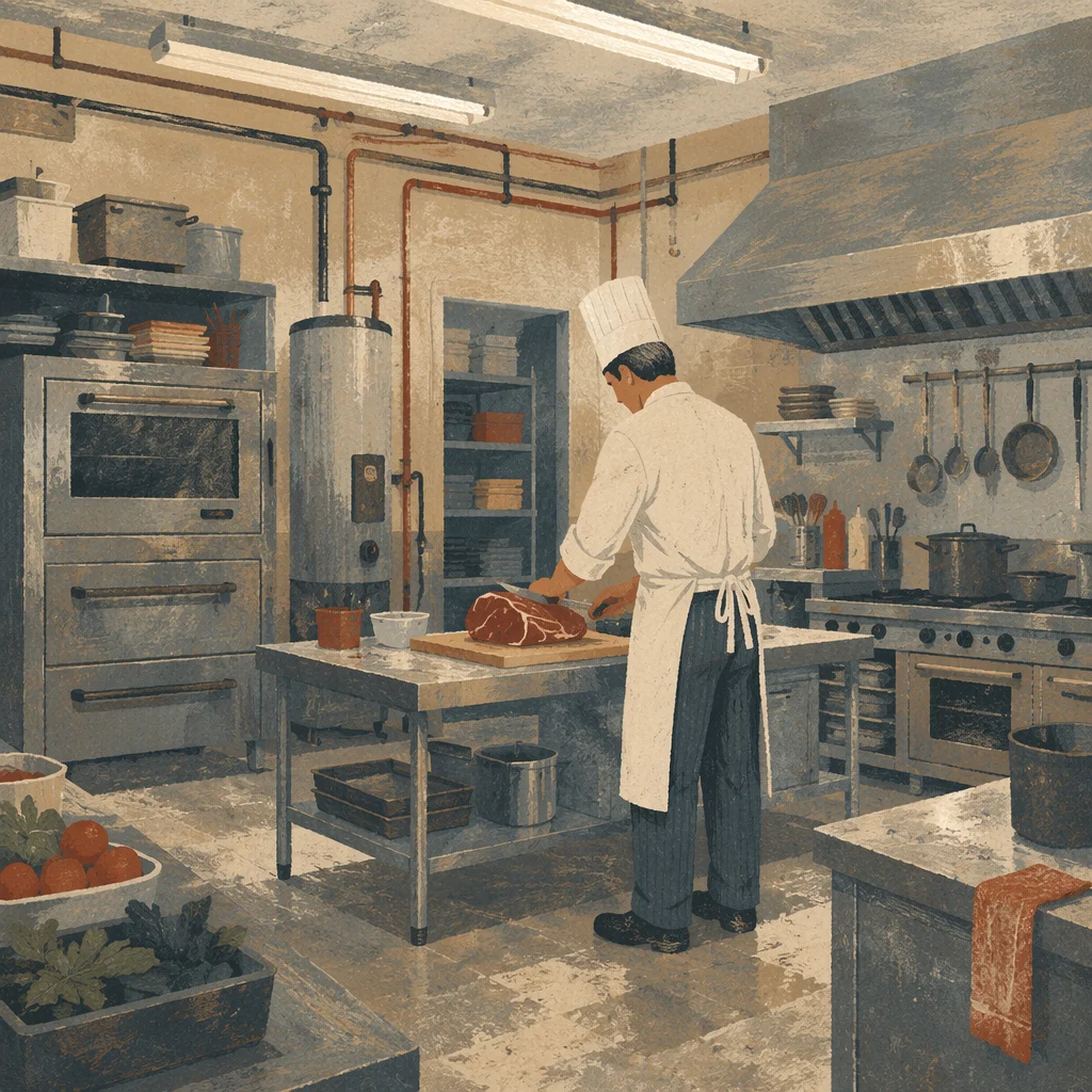 Chef Preparing Meat in Commercial Kitchen