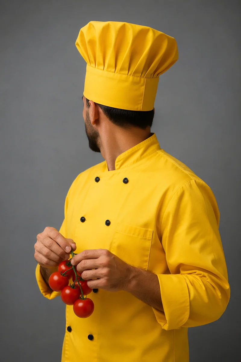 Chef Holding Fresh Tomatoes in Yellow Uniform