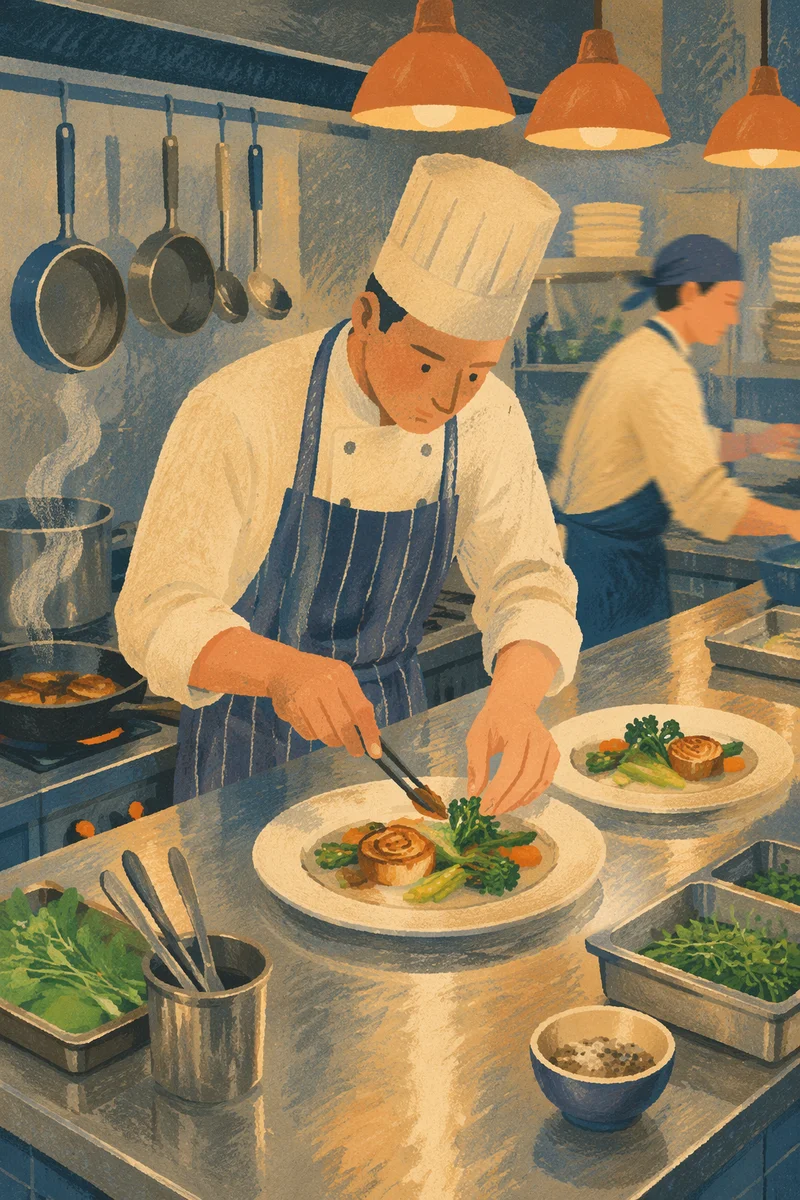 Busy Restaurant Kitchen Chef at Work