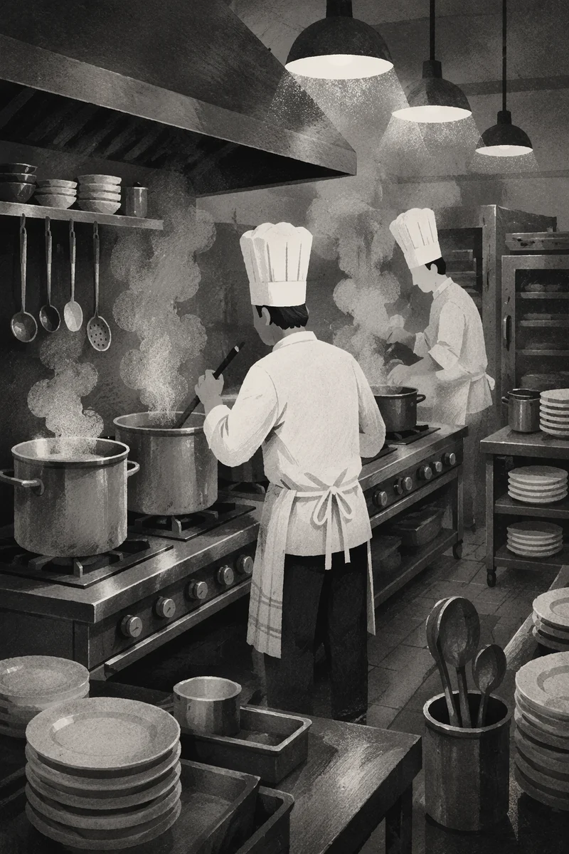 Busy Restaurant Chefs in Monochrome Kitchen