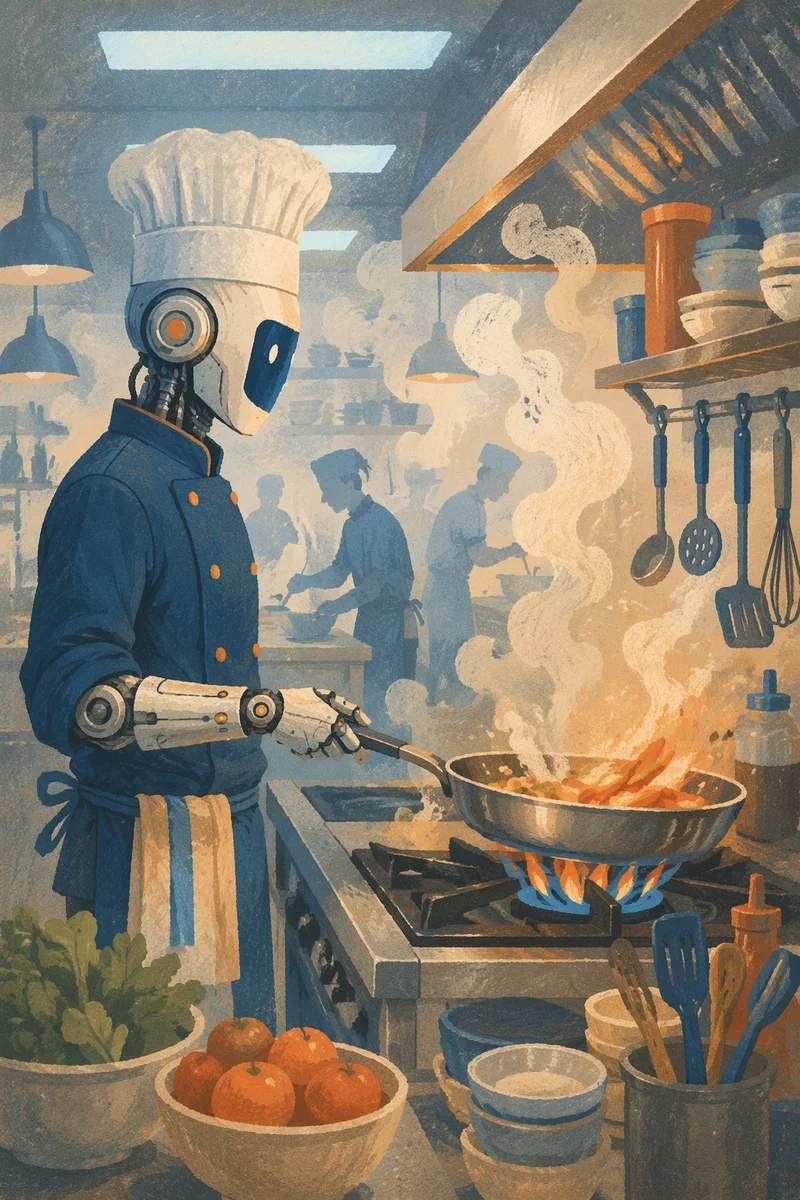 Robotic Chef Cooking in Busy Restaurant Kitchen