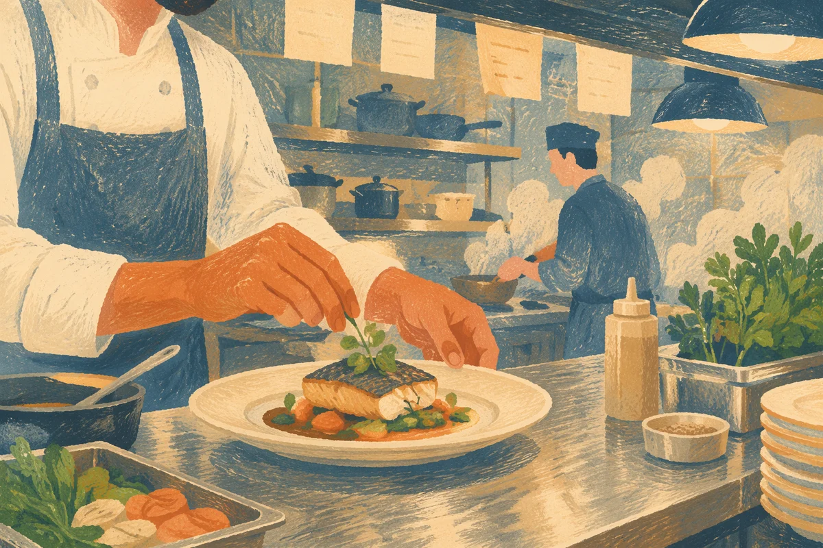 Chef Plating Fine Dining in Restaurant Kitchen